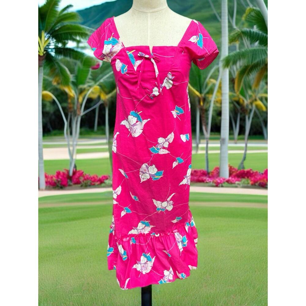 Vintage Hilo Hatties Hawaiian Floral Maxi Dress 80s Retro Ruffles Pink Mumu Sz 6